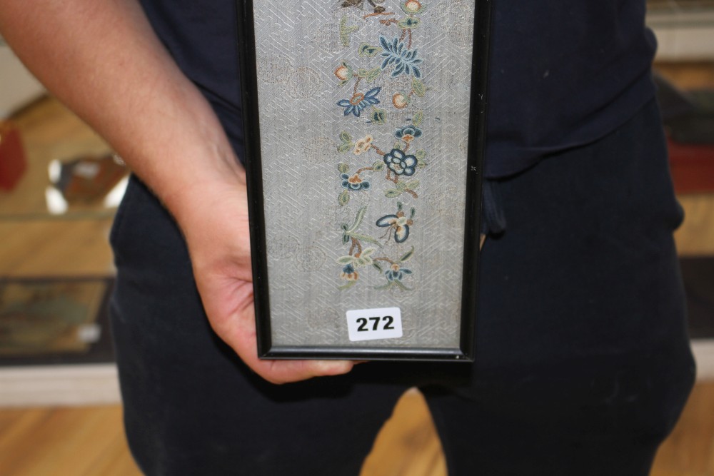 A Chinese silkwork double sleeve panel, 77 x 18cm overall, a smaller floral panel, 61 x 11cm and another, 34 x 26cm overall